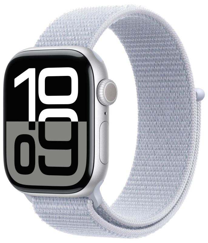 Apple Watch Series 10, 46 мм, серебристый алюминий, спортивный браслет цвета "Blue Cloud" (MWWN3). Фото 1
