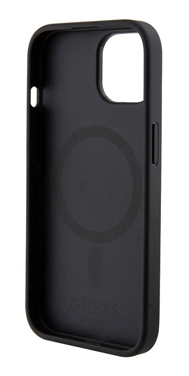 Накладка Guess для iPhone 15 PU Saffiano with metal logo Hard (MagSafe), Black (GUHMP15SPSAHMCK). Фото 4