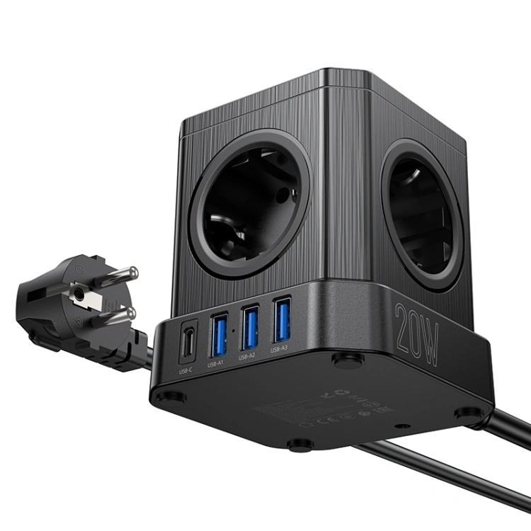 Сетевой фильтр Hoco NS8 (5 гнезд, 3USB/1USB-C, 20w, 2м), Black. Фото 2