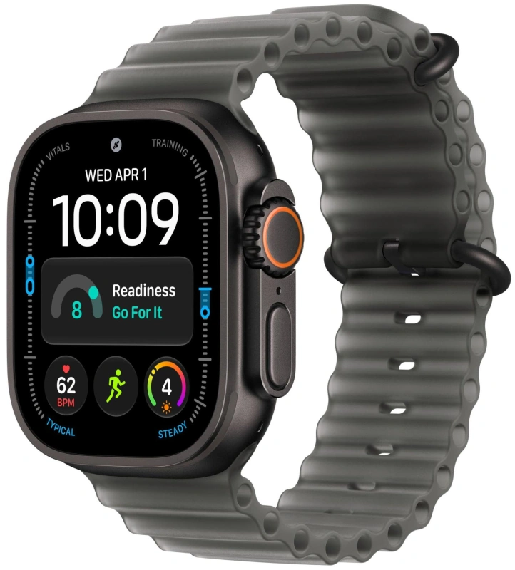 Умные часы Apple Watch Ultra 4 (2026) GPS+Cellular 49мм, Чёрный титановый корпус, ремешок "Полупрозрачный чёрный Ocean" один размер 130-200 мм (MJAY4). Фото 1