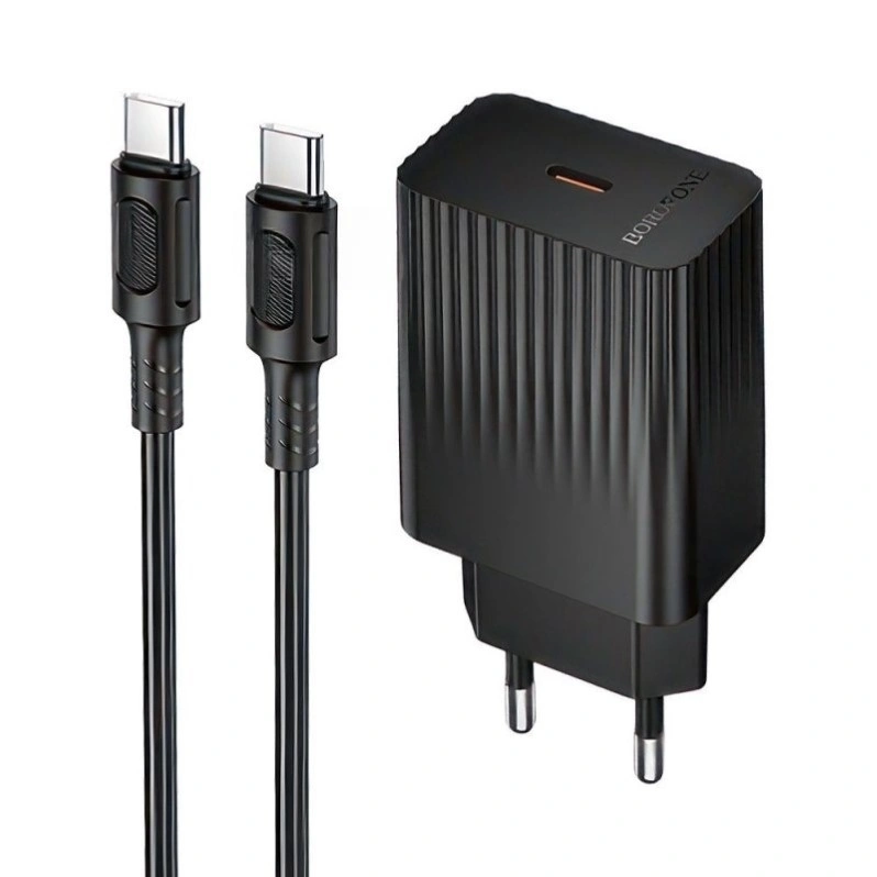 Сетевое зарядное устройство Borofone BAS75A USB-C 30Вт + Кабель USB-C - USB-C 1м, Чёрное. Фото 1
