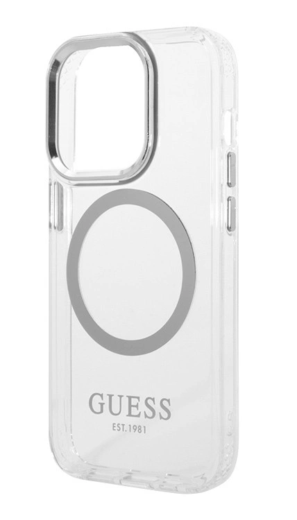 Накладка Guess для iPhone 15 Pro PC/TPU Metal outline Hard (MagSafe), Transparent/Silver (GUHMP15LHTRMS). Фото 3