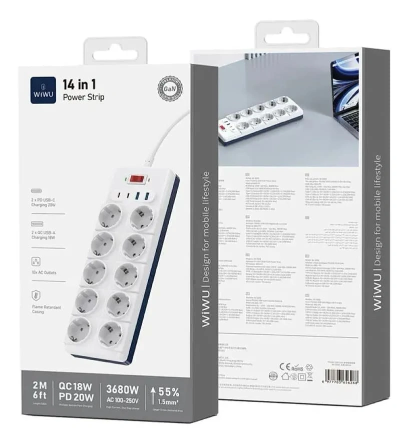 Сетевой фильтр Wiwu 14 in1 PS1042 Power Strip 20W GaN (Wi-S008) EU, 2 USB, 2 Type-C, 10 розеток, Белый. Фото 4