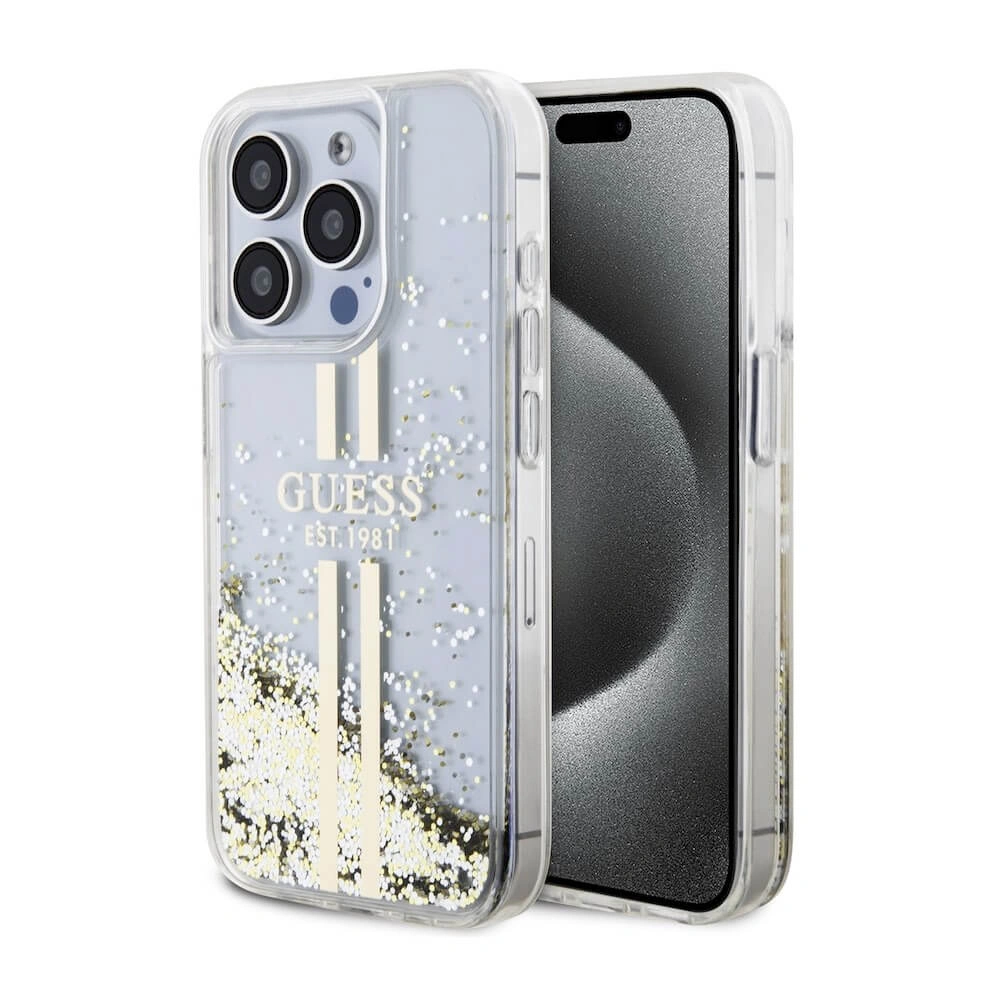 Накладка Guess для iPhone 15 Pro Liquid Glitter Gold Stripes Hard, Transparent (GUHCP15LLFCSEGT). Фото 1