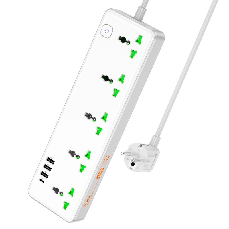 Сетевой фильтр Hoco AC13A Talento, 3*USB-A, 5*AC розеток, 1*USB-C, 1.5 м, 2500W DC17W, White. Фото 1