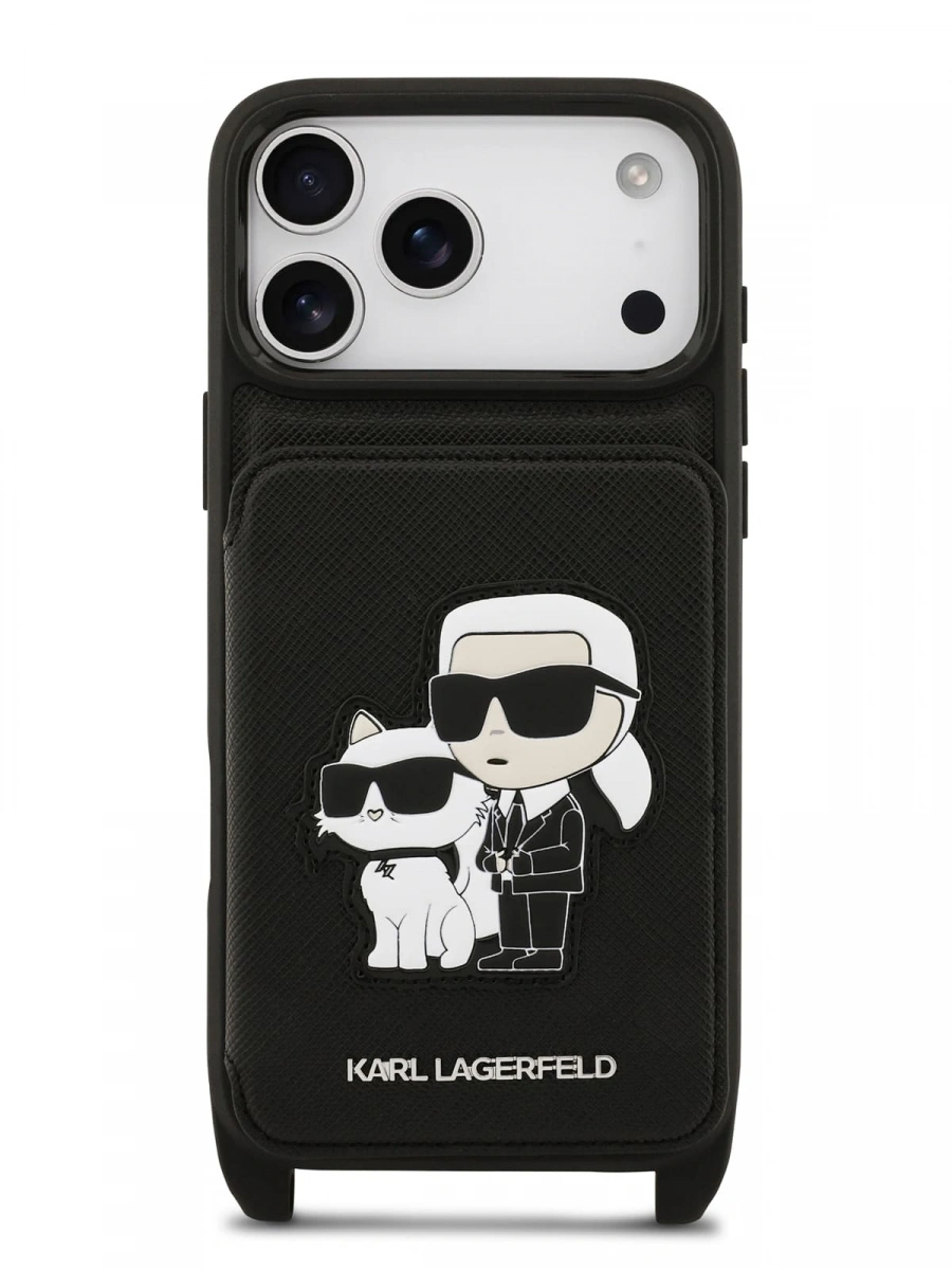 Накладка Lagerfeld для iPhone 17 Pro Max Crossbody cardslot PU Saffiano NFT Karl&Choupette Hard, Чёрная (KLHCP17XCSAKCPMK). Фото 4