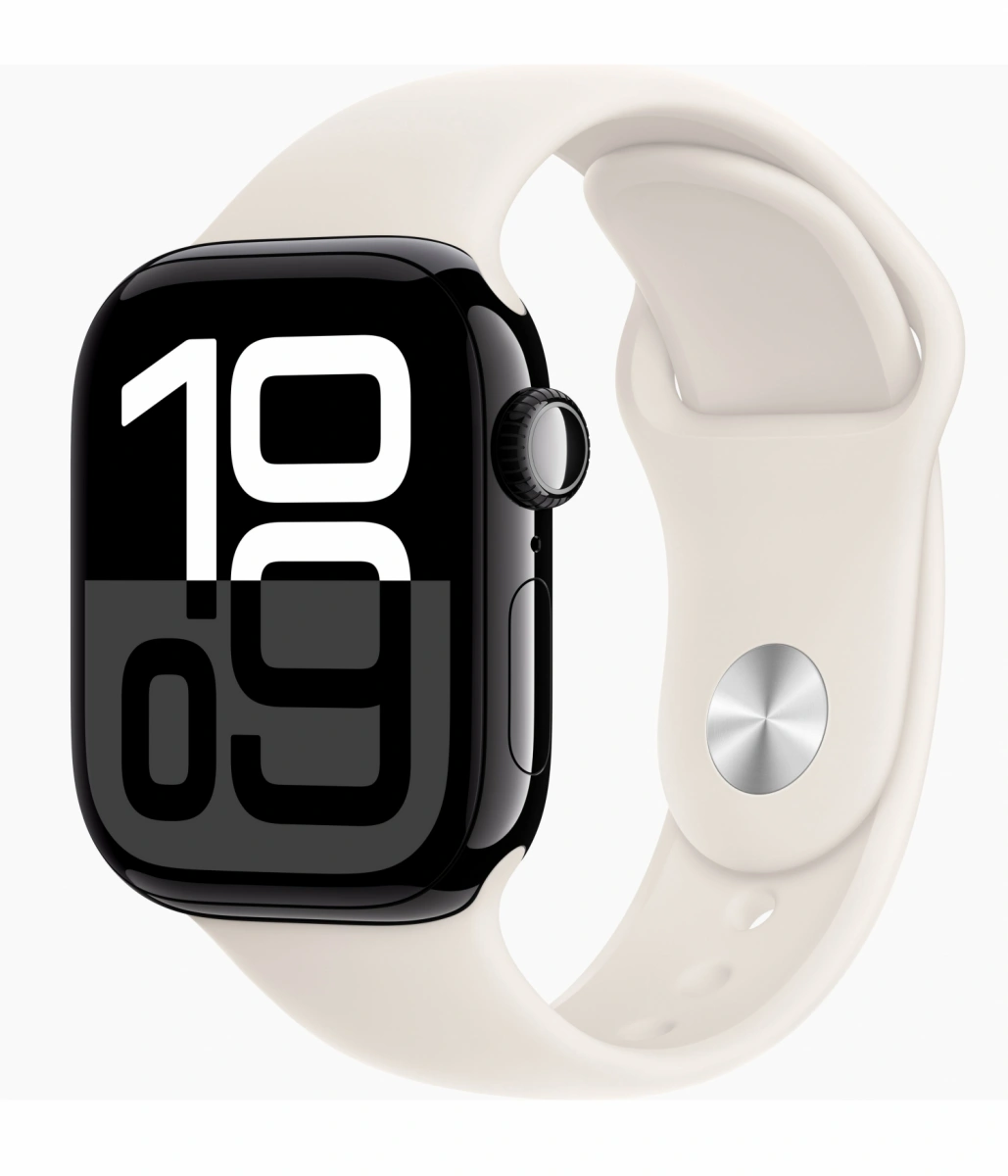 Apple Watch Series 10, 42 мм, алюминий цвета «чёрный глянец», спортивный ремешок цвета "Starlight", размер S/M (MWWX3). Фото 1