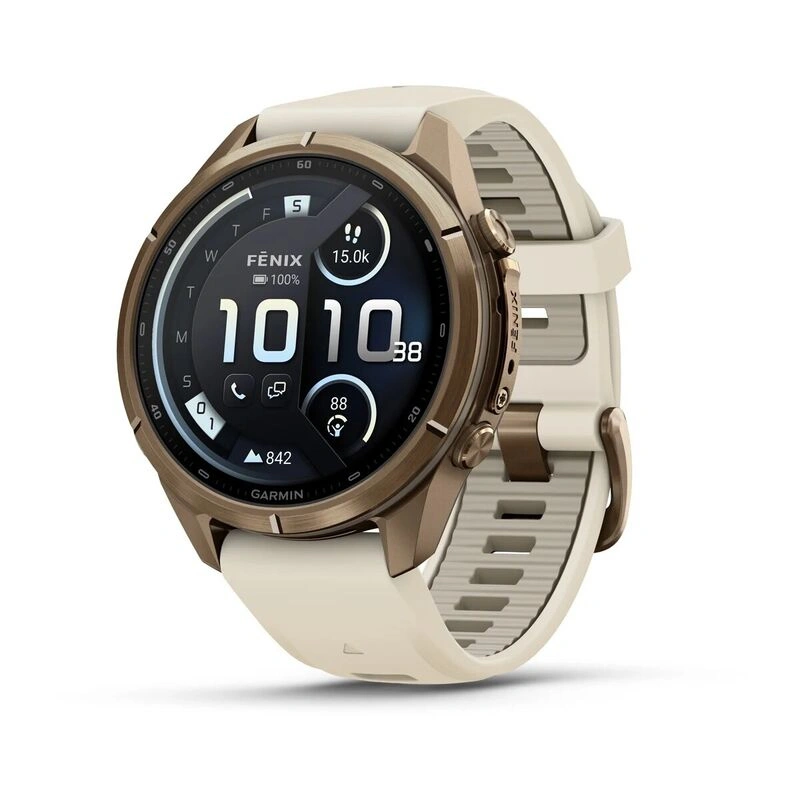Умные часы Garmin Fenix 9 Pro 43MM, АMOLED, LTE, Gold Titanium with cream/fog gray silicone band. Фото 1