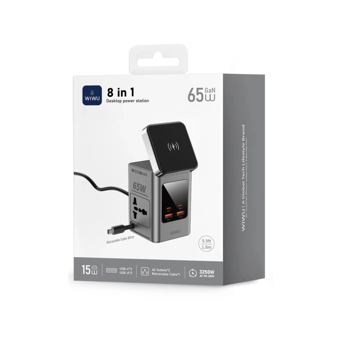 Беспроводное зарядное устройство Wiwu Wi-W040 8 в 1 65Вт, with cable&socket, Серое. Фото 8