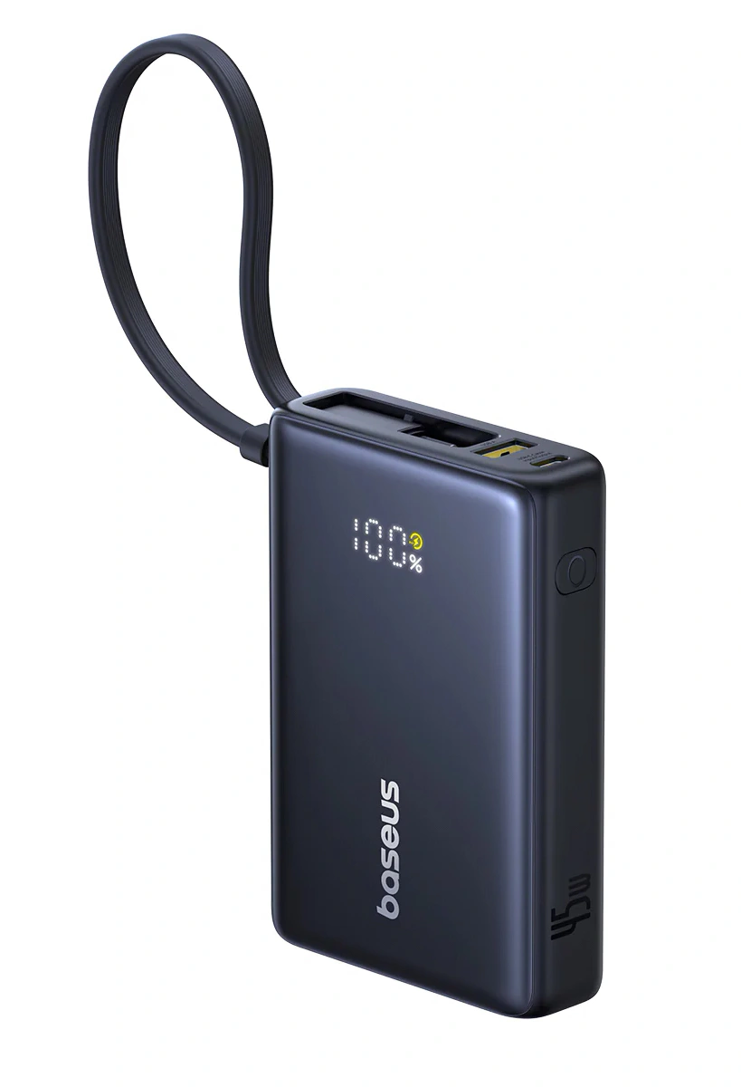 Внешний аккумулятор Baseus PicoGo Digital Display Power Bank With Built-in USB-C Cable 10000mAh 45W, Чёрный (P10076803123-00). Фото 1