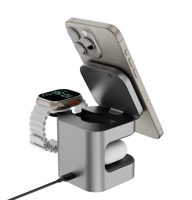 Беспроводная зарядная станция EnergEA MagCube 3-in-1 Magnetic Foldable wireless 15W Qi2.0 + TWS + MFW, Бронза (MAG-CUBE-GUN). Фото 2