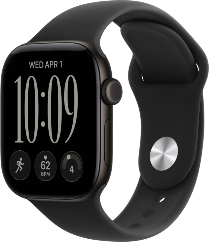 Умные часы Apple Watch Series 12 GPS, 42мм, Чёрный алюминиевый корпус, спортивный ремешок чёрного цвета, размер S/M 130-180 мм (MJEA4). Фото 1