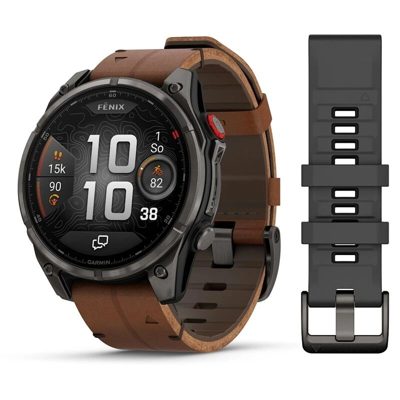 Умные часы Garmin Fenix 8 Pro 47mm, Amoled/Sapphire, Carbon Grey DLC Titanium wiht Chestnut Leather Band + Black/Pebble Gray Silicon Band (010-03198-40). Фото 1