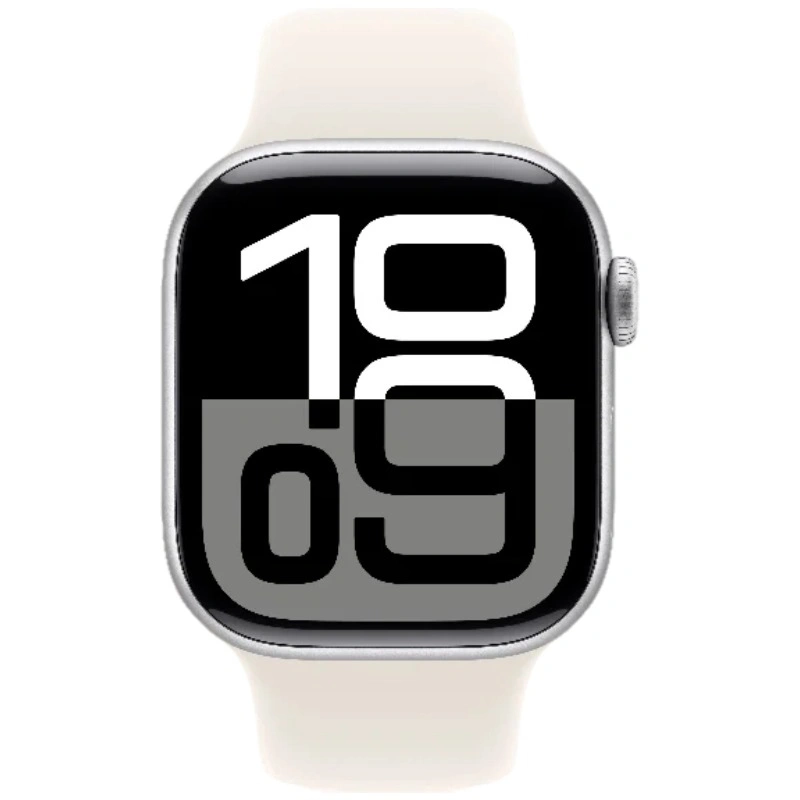 Apple Watch Series 10, 42 мм, серебристый алюминий, спортивный ремешок цвета "Starlight", S/M (MWWW3). Фото 2