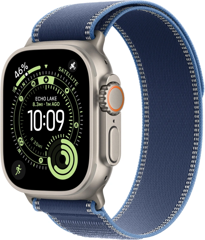 Apple Watch Ultra 3 (2025) GPS+Cellular 49mm, Natural Titanium ремешок "Blue/Bright Blue Trail Loop" M/L 145-220 mm (MEWU4). Фото 1