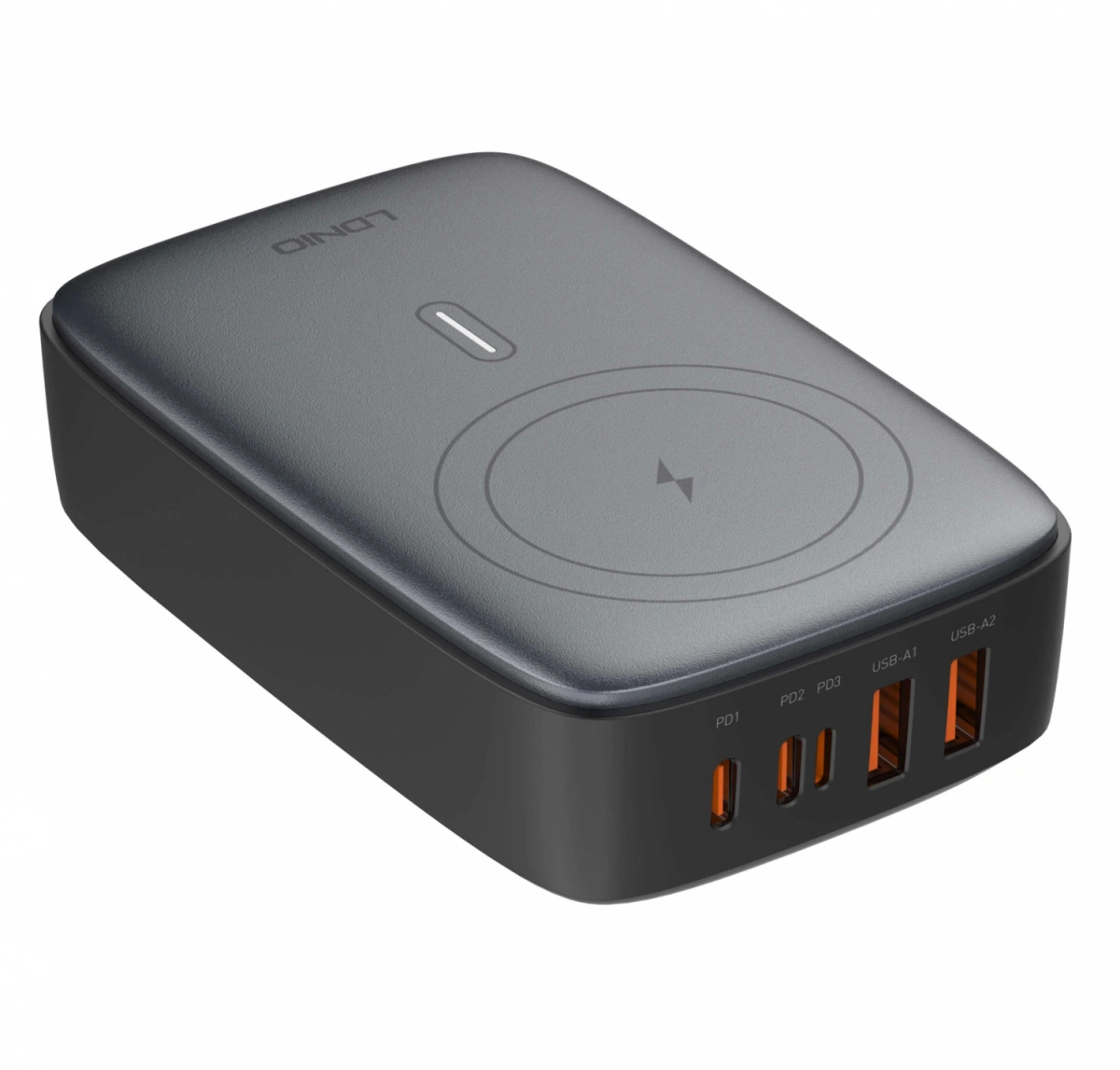 Сетевое зарядное устройство с беспроводной зарядкой LDNIO Q4010 140W GaN Multiport Desktop Charging Wireless Charger 2xUSB-A, 2xUSB-С, lightning, Чёрное. Фото 2