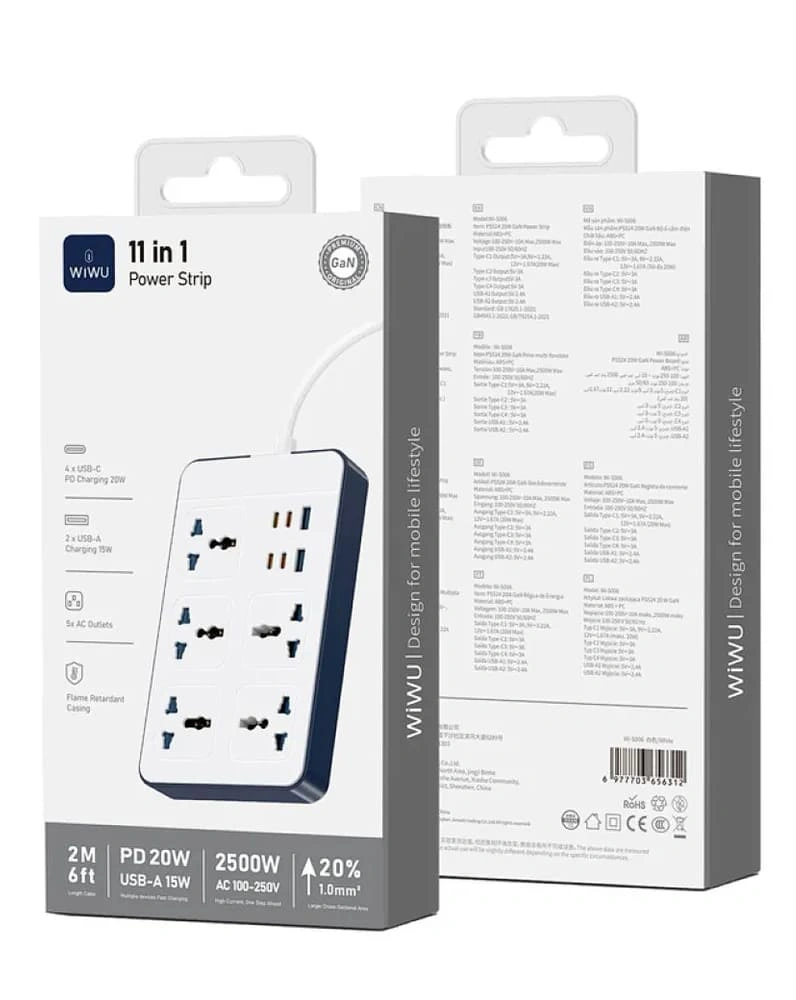 Сетевой фильтр Wiwu 11 in1 PS524 Power Strip 20W GaN (Wi-S006) EU, 2 USB, 4 Type-C, 5 розеток, Белый. Фото 4