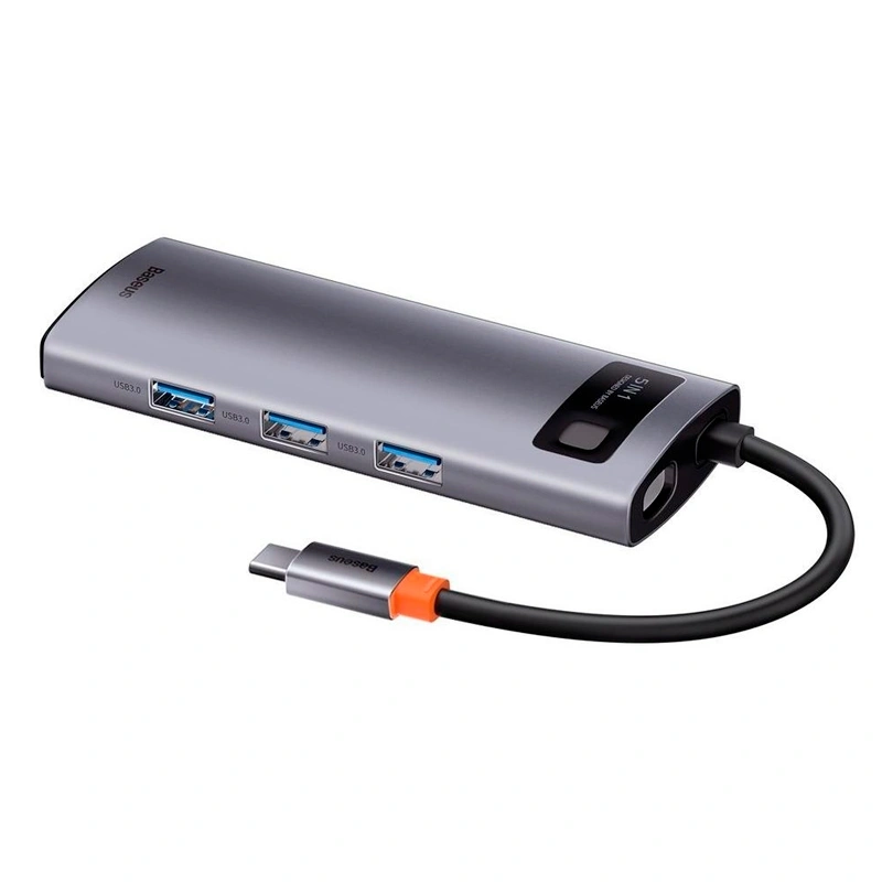 Хаб Baseus Metal Gleam Series 5-in-1 100W 3xUSB 3.0, HDMI 4K, USB-C PD, Тёмно-серый (CAHUB-CX0G). Фото 4