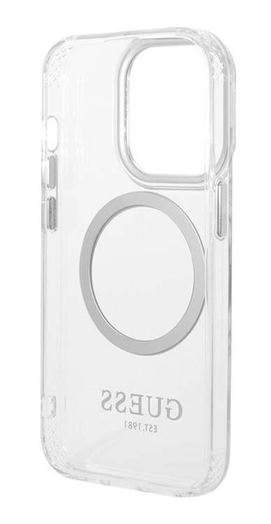Накладка Guess для iPhone 15 Pro PC/TPU Metal outline Hard (MagSafe), Transparent/Silver (GUHMP15LHTRMS). Фото 4