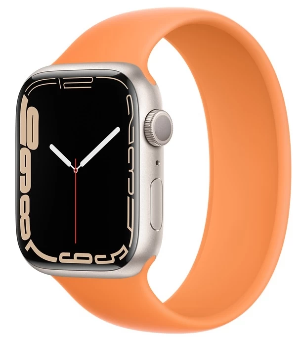 Apple Watch Series 7, 45 мм, алюминий цвета "сияющая звезда", спортивный ремешок "мускусная дыня" (MKNP3)